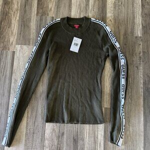 Guess Sweater Womens Small Green White Stripes Ribbed Spell out Logo